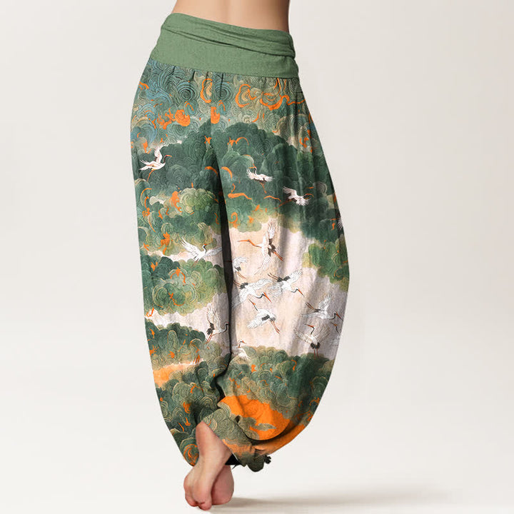 Buddha Stones Dames harembroek met elastische Taille en kraanvogel- en wolkenpatroon - image 2