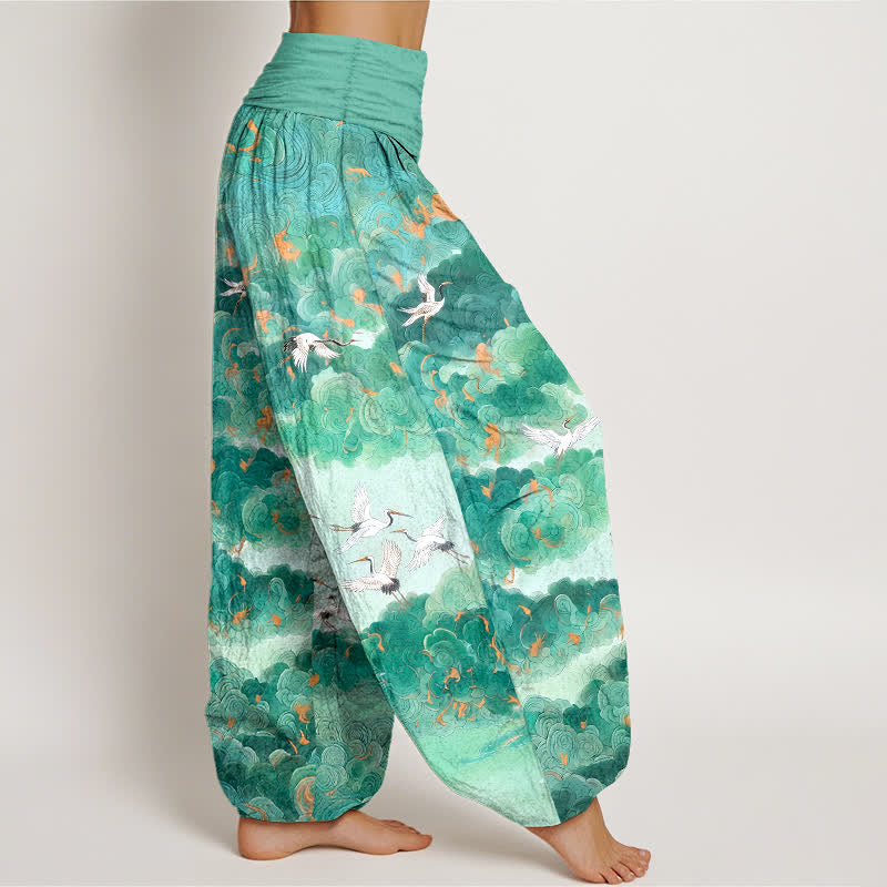 Buddha Stones Dames harembroek met elastische Taille en kraanvogel- en wolkenpatroon - image 6