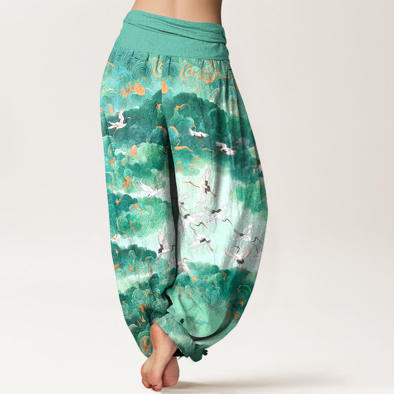 Buddha Stones Dames harembroek met elastische Taille en kraanvogel- en wolkenpatroon - image 7