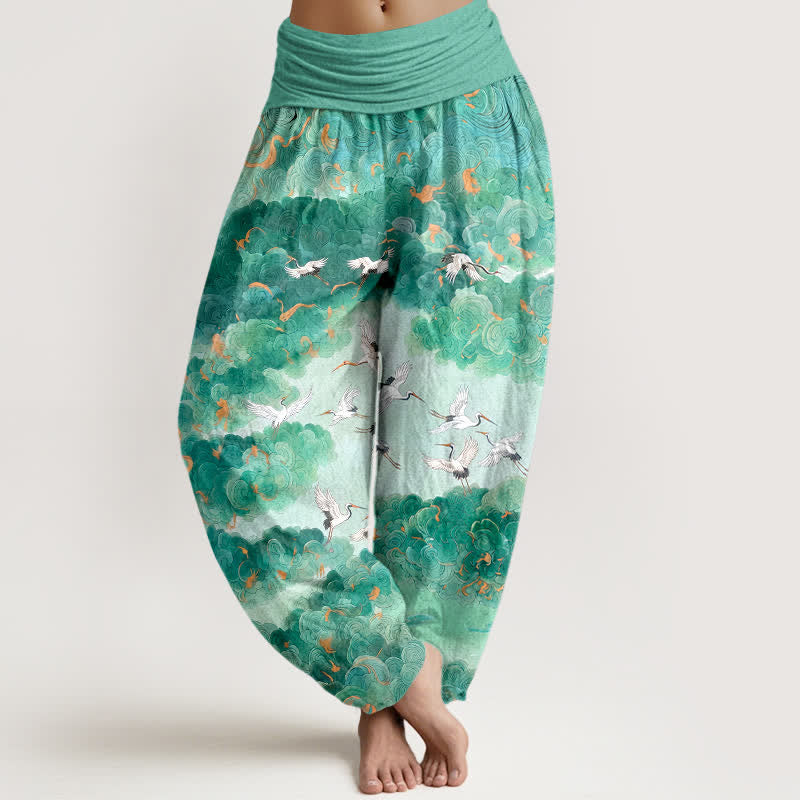 Buddha Stones Dames harembroek met elastische Taille en kraanvogel- en wolkenpatroon - Aquamarijn - US16, UK/AU20, EU48 (3XL) - image 5