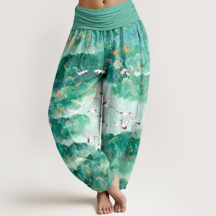 Buddha Stones Dames harembroek met elastische Taille en kraanvogel- en wolkenpatroon - Aquamarijn - US16, UK/AU20, EU48 (3XL) - image 5
