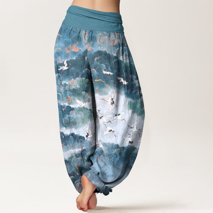 Buddha Stones Dames harembroek met elastische Taille en kraanvogel- en wolkenpatroon - image 10