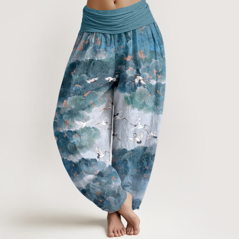 Buddha Stones Dames harembroek met elastische Taille en kraanvogel- en wolkenpatroon - Staalblauw - US16, UK/AU20, EU48 (3XL) - image 8
