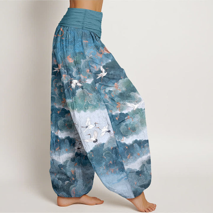Buddha Stones Dames harembroek met elastische Taille en kraanvogel- en wolkenpatroon - image 9