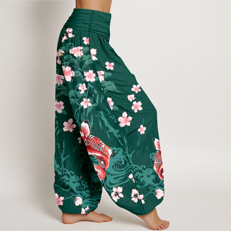 Buddha Stones Dames harembroek met elastische Taille en koi- en sakura-patroon van katoen - image 1
