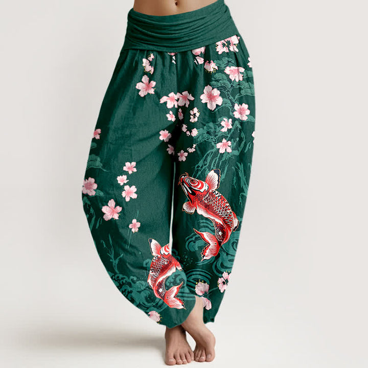 Buddha Stones Dames harembroek met elastische Taille en koi- en sakura-patroon van katoen - Donkergroen - US16, UK/AU20, EU48 (3XL) - image 0