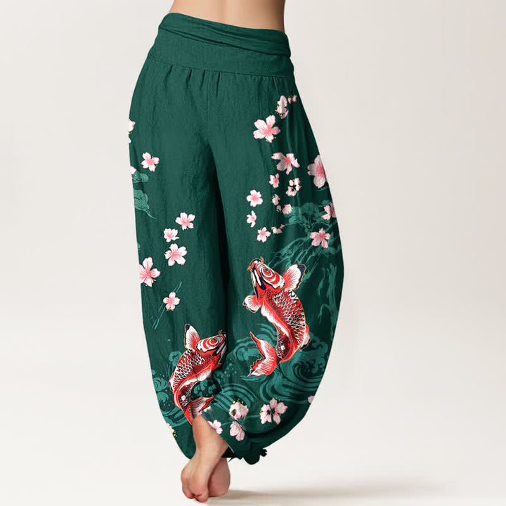 Buddha Stones Dames harembroek met elastische Taille en koi- en sakura-patroon van katoen - image 2