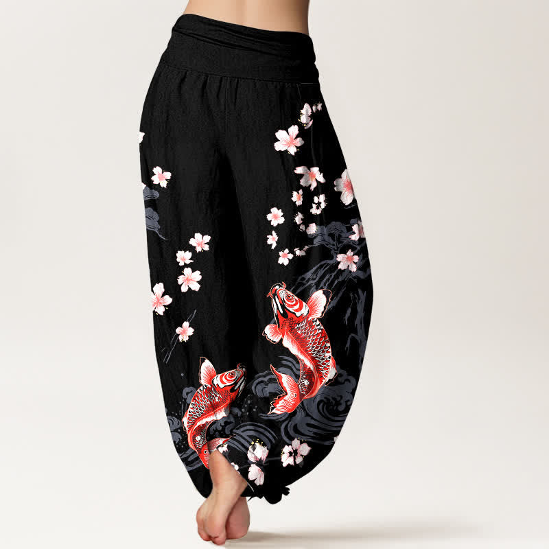Buddha Stones Dames harembroek met elastische Taille en koi- en sakura-patroon van katoen - image 7