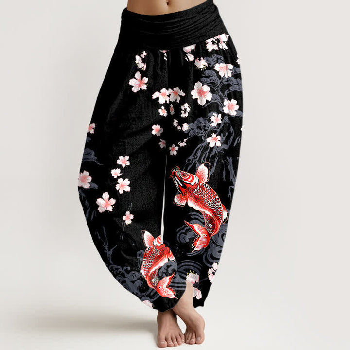 Buddha Stones Dames harembroek met elastische Taille en koi- en sakura-patroon van katoen - Zwart - US16, UK/AU20, EU48 (3XL) - image 5