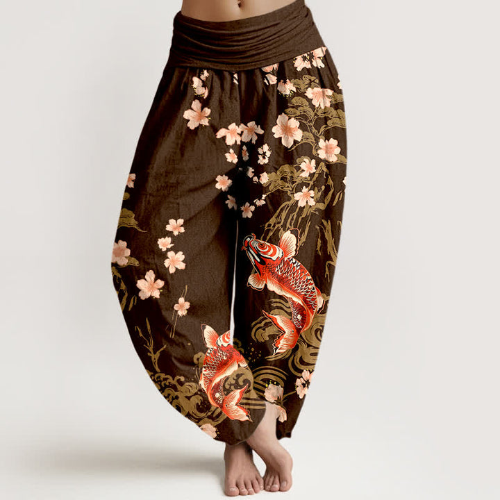 Buddha Stones Dames harembroek met elastische Taille en koi- en sakura-patroon van katoen - Zadelbruin - US16, UK/AU20, EU48 (3XL) - image 8