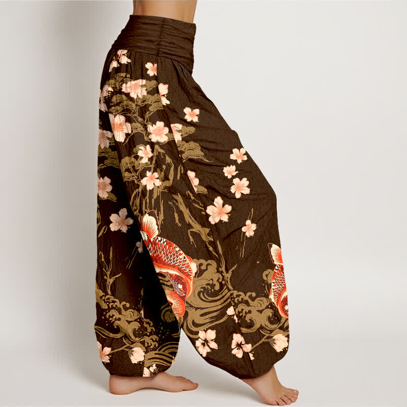 Buddha Stones Dames harembroek met elastische Taille en koi- en sakura-patroon van katoen - image 9