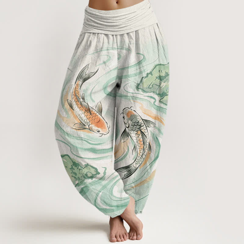 Buddha Stones Dames harembroek met elastische Taille en koivissen- en rotsgolfpatroon - Honingmeloen - US16, UK/AU20, EU48 (3XL) - image 0