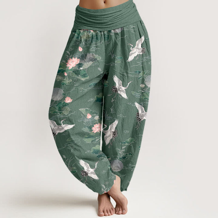 Buddha Stones Elegante katoenen damesharembroek met kraanvogel- en lotusmotief en elastische Taille . - Middelzeegroen - US16, UK/AU20, EU48 (3XL) - image 0