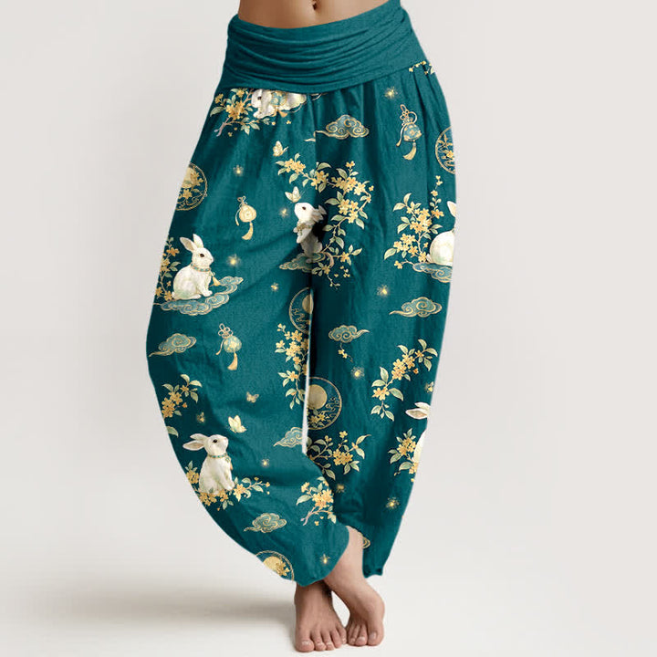 Buddha Stones Dames harembroek met elastische Taille en konijnenprint van Cotton Moon - Teal - US16, UK/AU20, EU48 (3XL) - image 8
