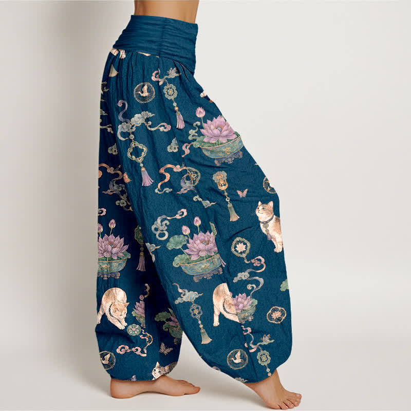 Buddha Stones Dames harembroek met elastische Taille en lotusbloemmotief, kattenkwastjes - image 1