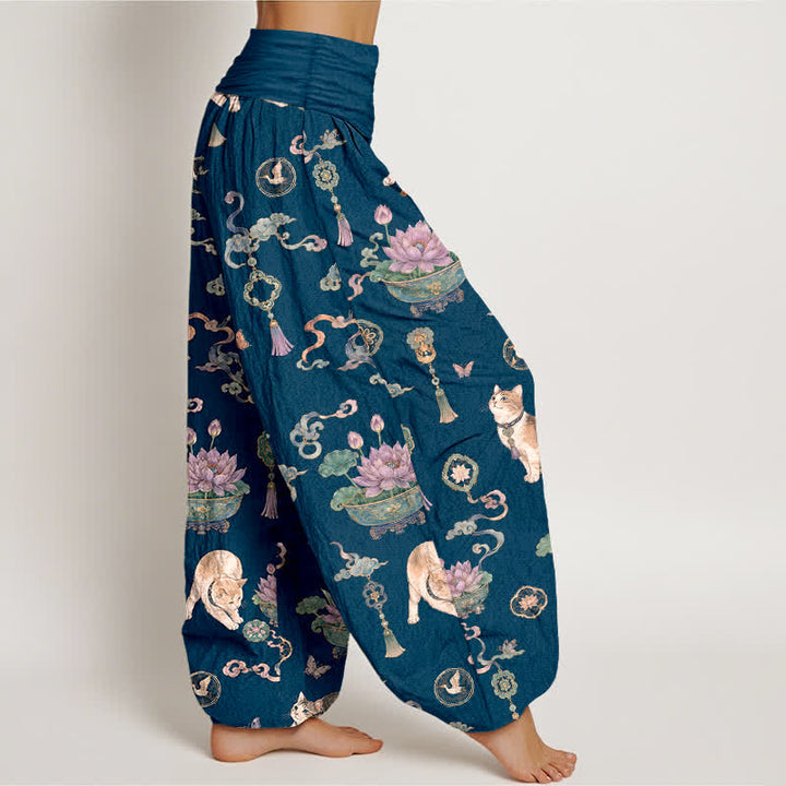 Buddha Stones Dames harembroek met elastische Taille en lotusbloemmotief, kattenkwastjes - image 1