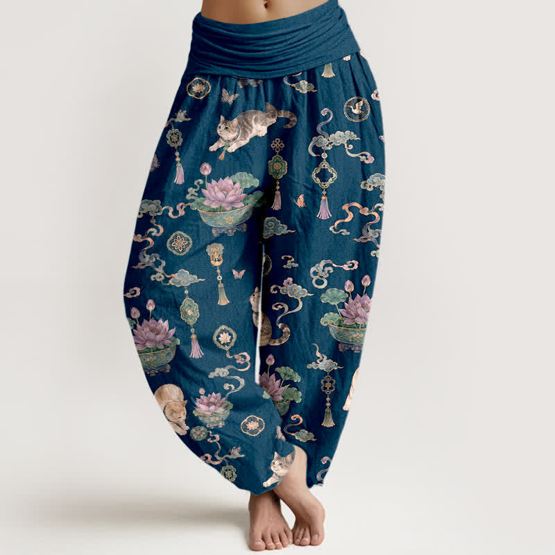 Buddha Stones Dames harembroek met elastische Taille en lotusbloemmotief, kattenkwastjes - Marine - US16, UK/AU20, EU48 (3XL) - image 0
