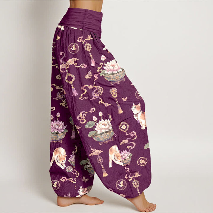 Buddha Stones Dames harembroek met elastische Taille en lotusbloemmotief, kattenkwastjes - image 6