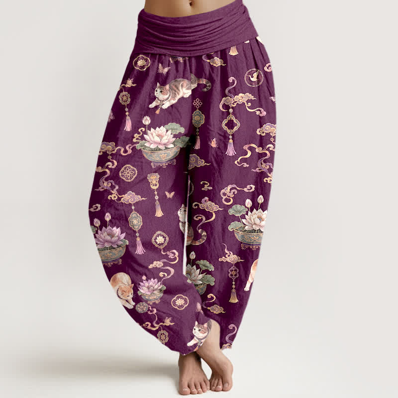 Buddha Stones Dames harembroek met elastische Taille en lotusbloemmotief, kattenkwastjes - Paars - US16, UK/AU20, EU48 (3XL) - image 5