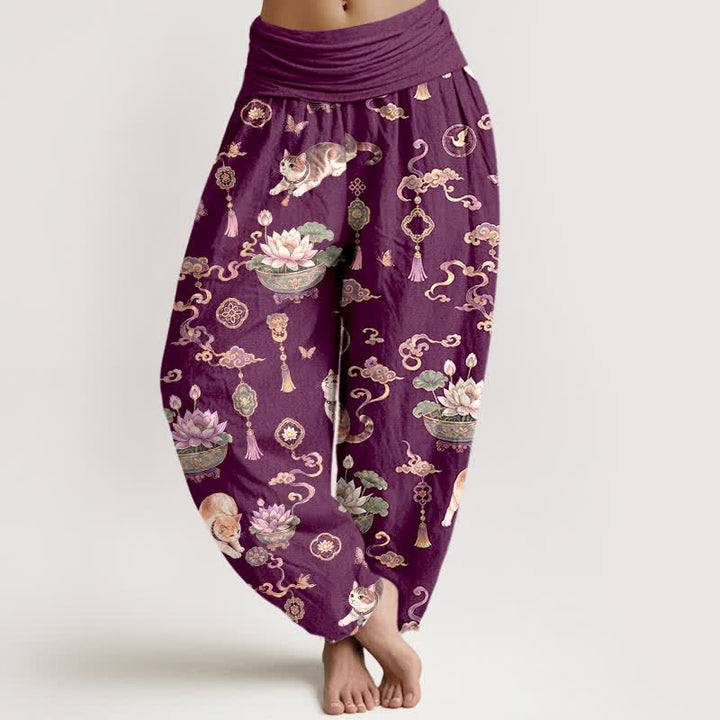 Buddha Stones Dames harembroek met elastische Taille en lotusbloemmotief, kattenkwastjes - Paars - US16, UK/AU20, EU48 (3XL) - image 5