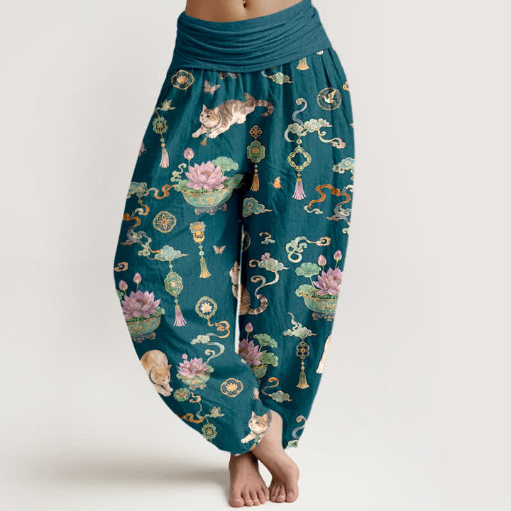 Buddha Stones Dames harembroek met elastische Taille en lotusbloemmotief, kattenkwastjes - Teal - US16, UK/AU20, EU48 (3XL) - image 8