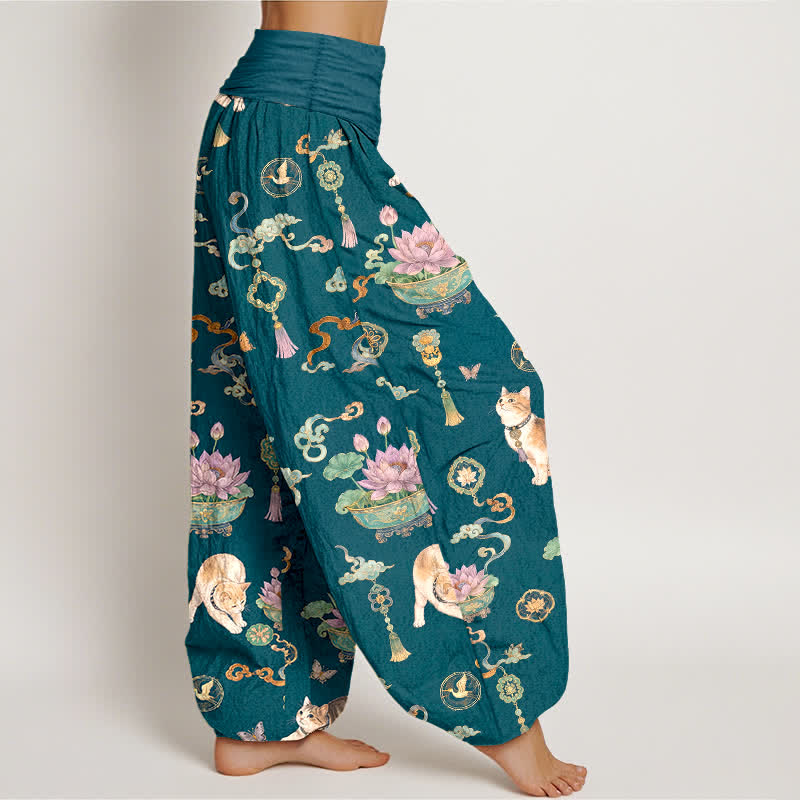 Buddha Stones Dames harembroek met elastische Taille en lotusbloemmotief, kattenkwastjes - image 9