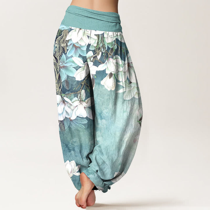 Buddha Stones Dames harembroek met elastische Taille en katoenen witte magnoliaprint - image 2