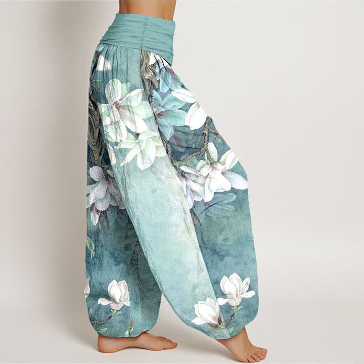 Buddha Stones Dames harembroek met elastische Taille en katoenen witte magnoliaprint - image 1