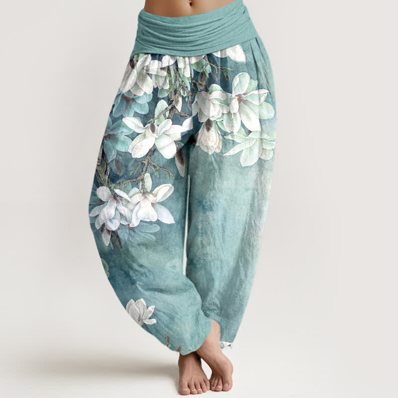 Buddha Stones Dames harembroek met elastische Taille en katoenen witte magnoliaprint - Turkoois - US16, UK/AU20, EU48 (3XL) - image 0