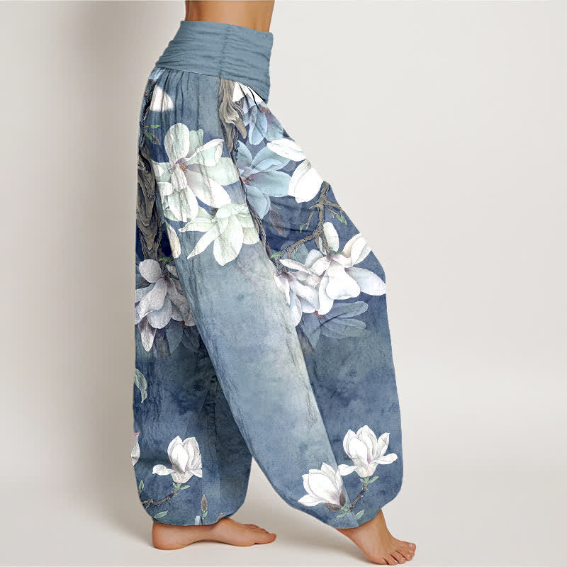 Buddha Stones Dames harembroek met elastische Taille en katoenen witte magnoliaprint - image 6