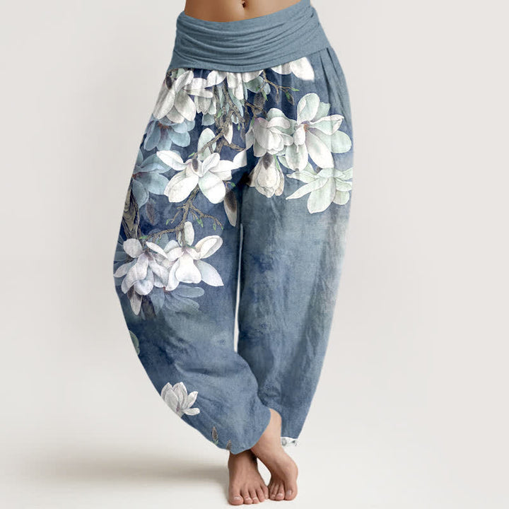 Buddha Stones Dames harembroek met elastische Taille en katoenen witte magnoliaprint - Lichtblauw - US16, UK/AU20, EU48 (3XL) - image 5