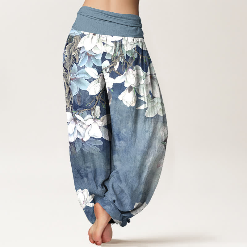Buddha Stones Dames harembroek met elastische Taille en katoenen witte magnoliaprint - image 7