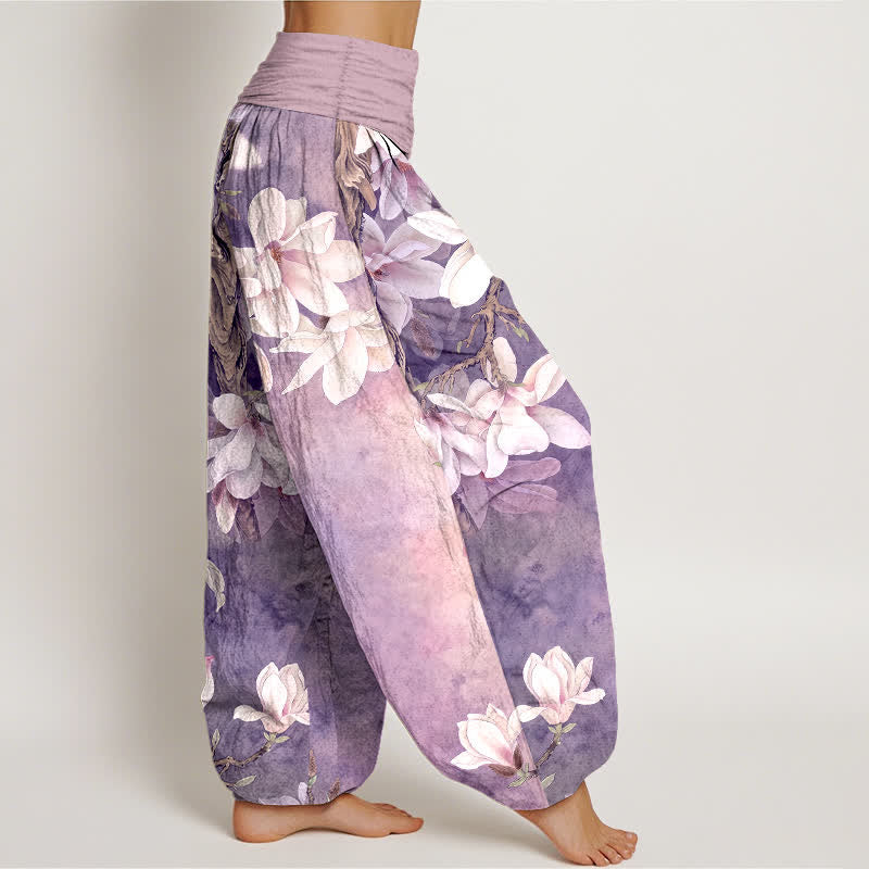 Buddha Stones Dames harembroek met elastische Taille en katoenen witte magnoliaprint - image 9