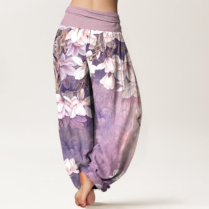 Buddha Stones Dames harembroek met elastische Taille en katoenen witte magnoliaprint - image 10