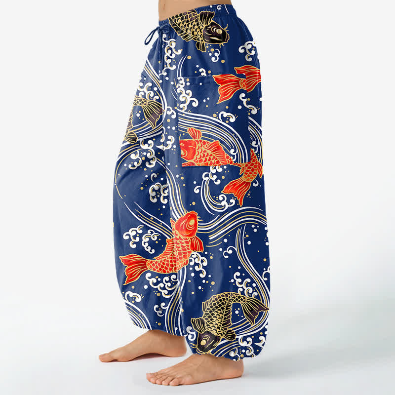 Buddha Stones Dames harembroek met elastische Taille en Zakken , met katoenen koi-golfpatroon. - image 1