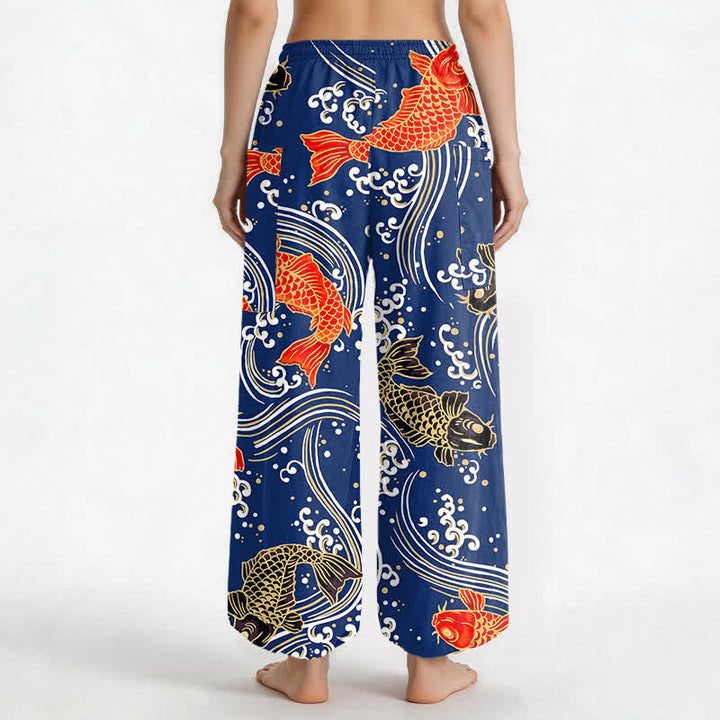 Buddha Stones Dames harembroek met elastische Taille en Zakken , met katoenen koi-golfpatroon. - image 2