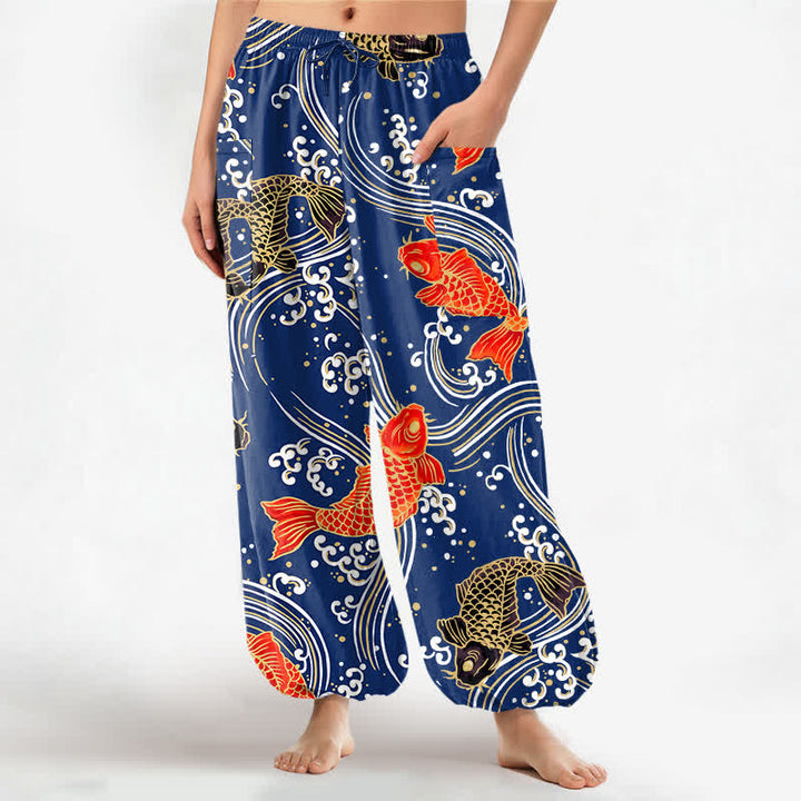 Buddha Stones Dames harembroek met elastische Taille en Zakken , met katoenen koi-golfpatroon. - Marine - US16, UK/AU20, EU48 (3XL) - image 0