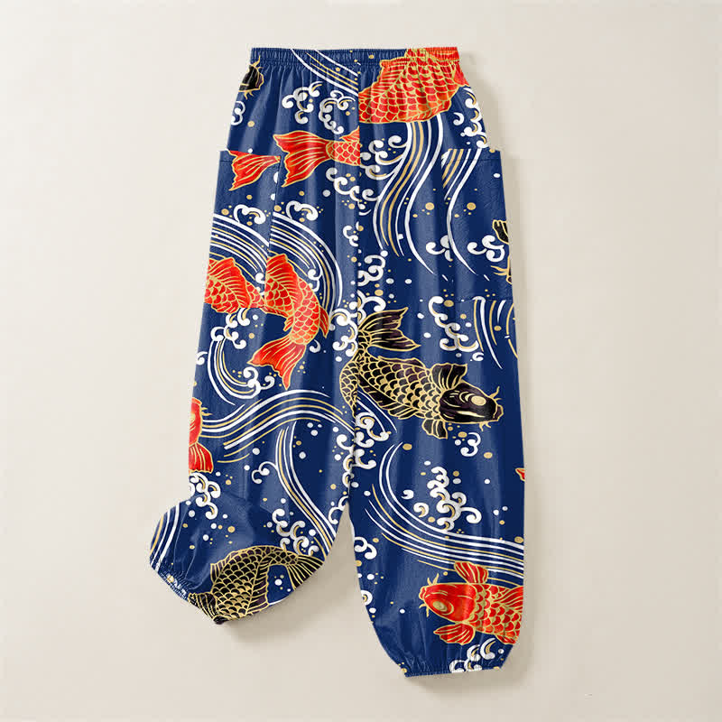 Buddha Stones Dames harembroek met elastische Taille en Zakken , met katoenen koi-golfpatroon. - image 4