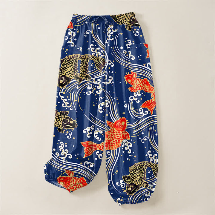 Buddha Stones Dames harembroek met elastische Taille en Zakken , met katoenen koi-golfpatroon. - image 3