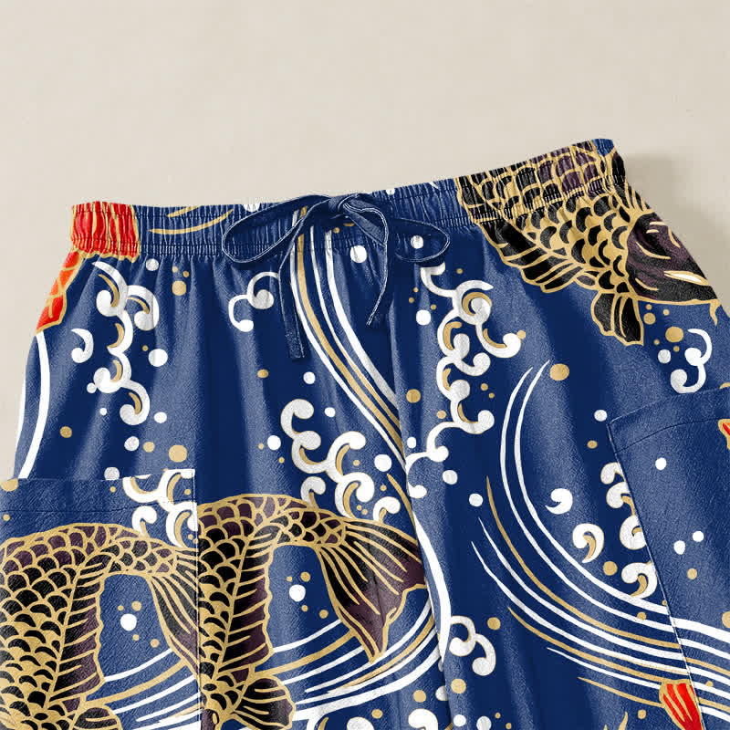 Buddha Stones Dames harembroek met elastische Taille en Zakken , met katoenen koi-golfpatroon. - image 5