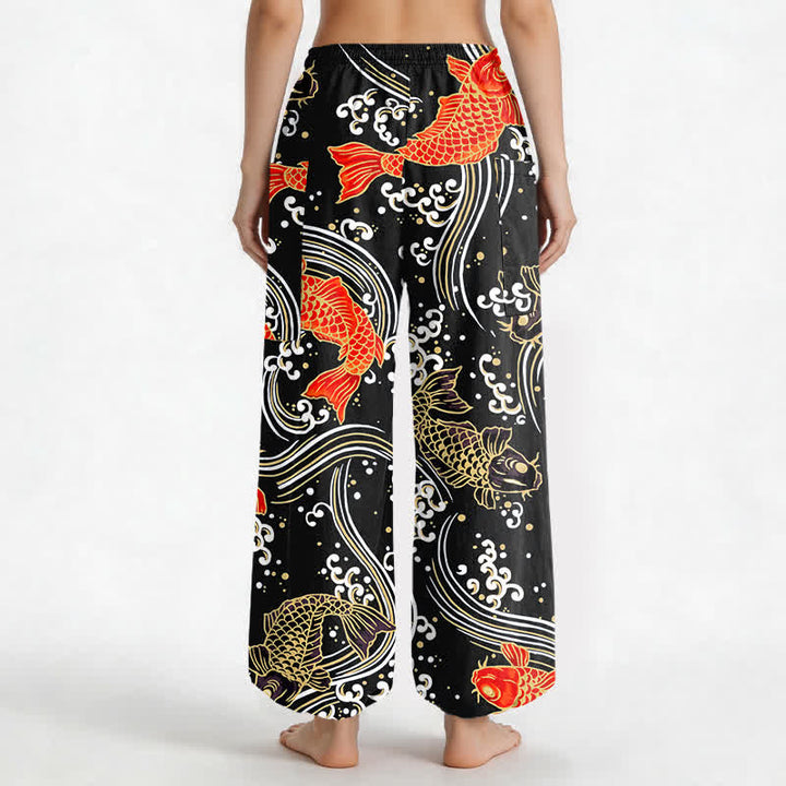 Buddha Stones Dames harembroek met elastische Taille en Zakken , met katoenen koi-golfpatroon. - image 9