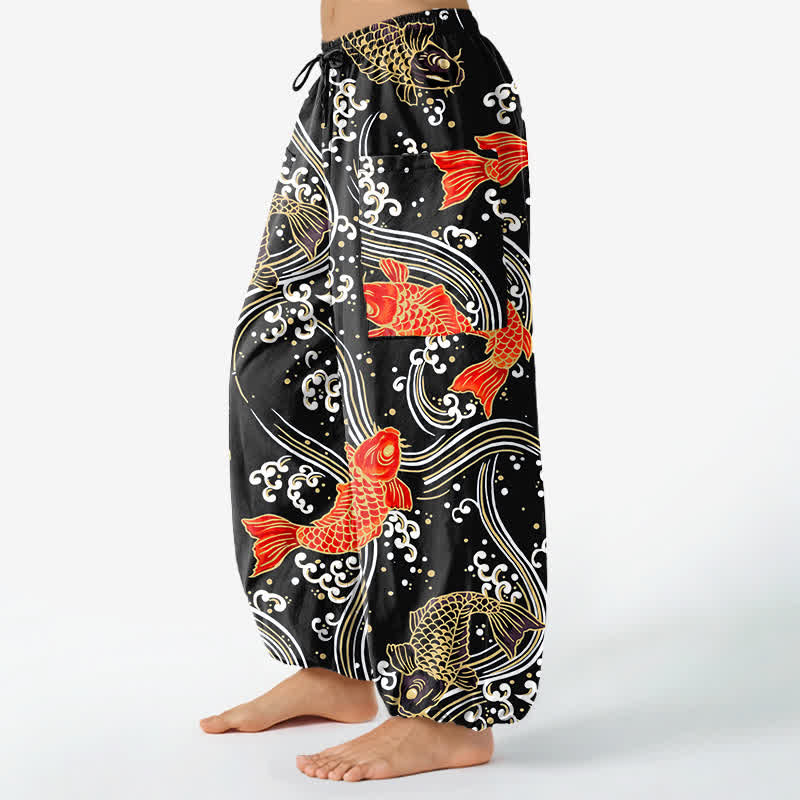 Buddha Stones Dames harembroek met elastische Taille en Zakken , met katoenen koi-golfpatroon. - image 8