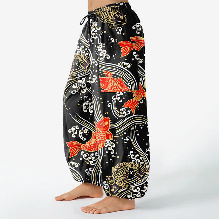 Buddha Stones Dames harembroek met elastische Taille en Zakken , met katoenen koi-golfpatroon. - image 8