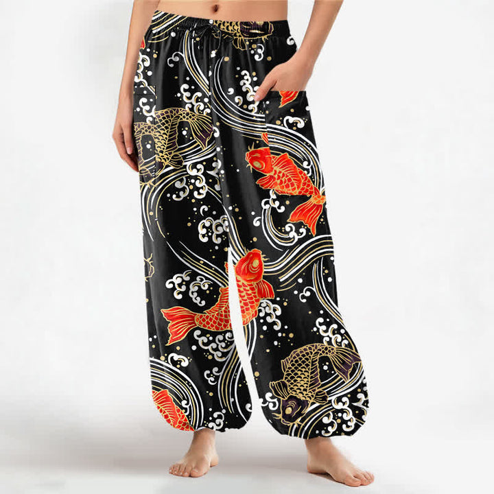 Buddha Stones Dames harembroek met elastische Taille en Zakken , met katoenen koi-golfpatroon. - Zwart - US16, UK/AU20, EU48 (3XL) - image 7