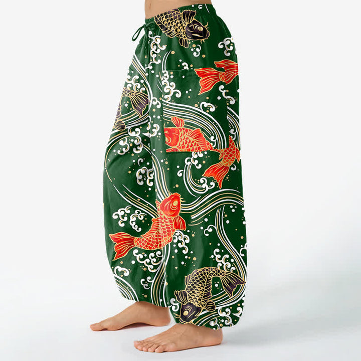Buddha Stones Dames harembroek met elastische Taille en Zakken , met katoenen koi-golfpatroon. - image 11