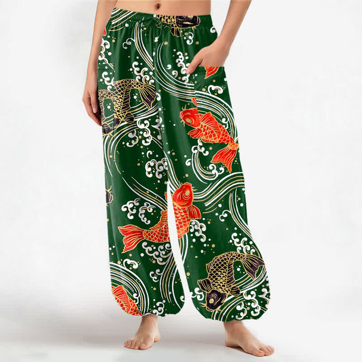 Buddha Stones Dames harembroek met elastische Taille en Zakken , met katoenen koi-golfpatroon. - Donkergroen - US16, UK/AU20, EU48 (3XL) - image 10