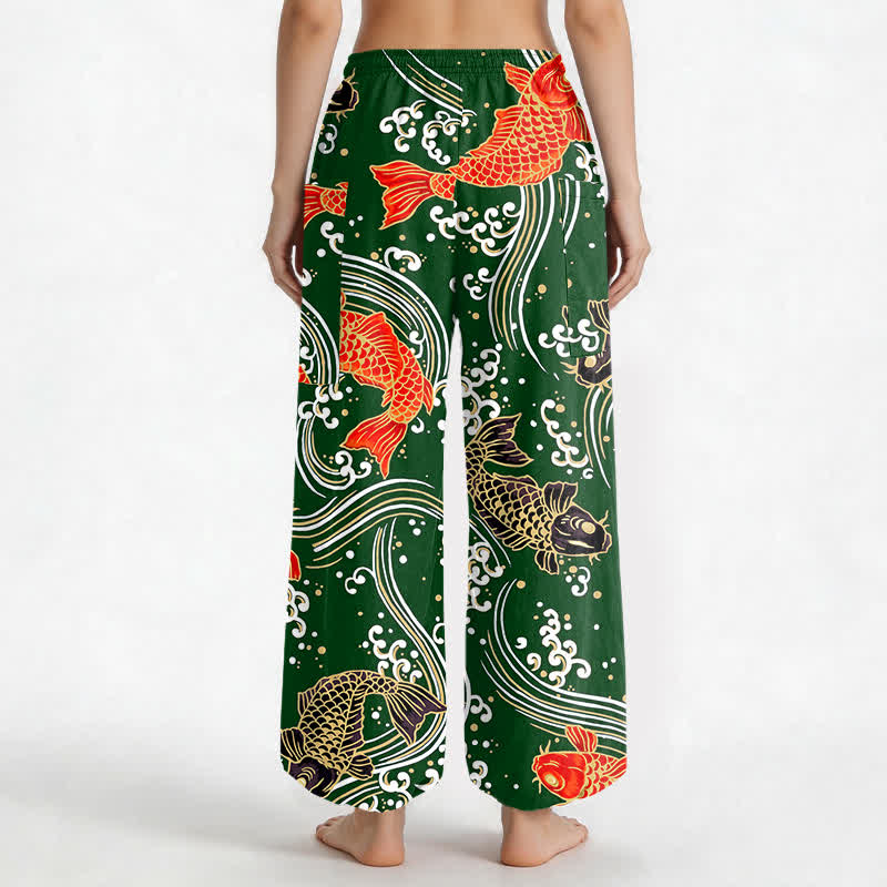 Buddha Stones Dames harembroek met elastische Taille en Zakken , met katoenen koi-golfpatroon. - image 12