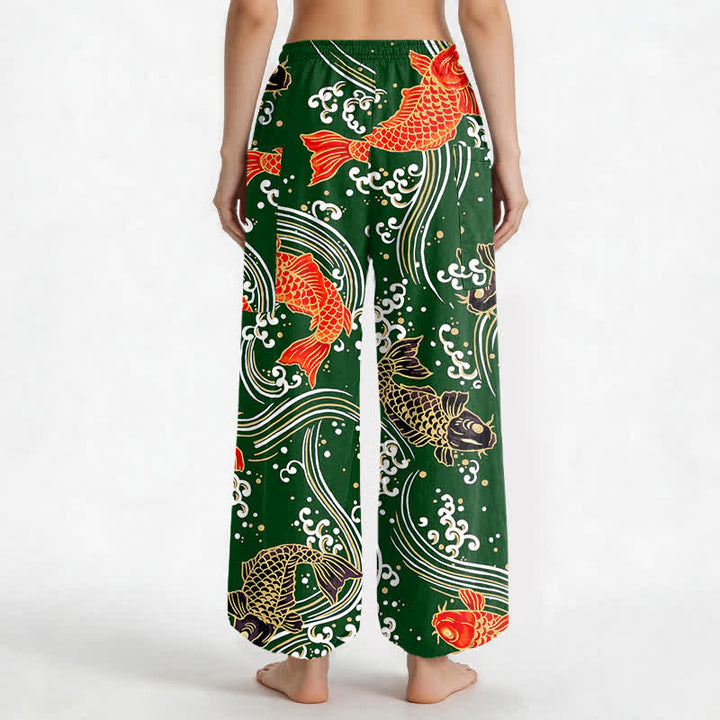 Buddha Stones Dames harembroek met elastische Taille en Zakken , met katoenen koi-golfpatroon. - image 12
