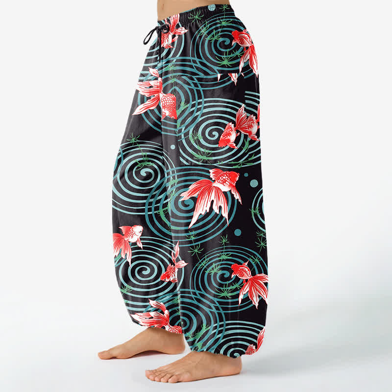 Buddha Stones Dames harembroek met elastische Taille en Zakken , gemaakt van katoen met een oosters koi-rimpelpatroon. - image 1