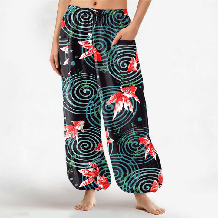 Buddha Stones Dames harembroek met elastische Taille en Zakken , gemaakt van katoen met een oosters koi-rimpelpatroon. - Zwart - US16, UK/AU20, EU48 (3XL) - image 0